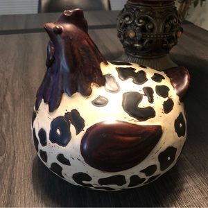 Vintage brown, black & white stoneware chicken home decor statue.